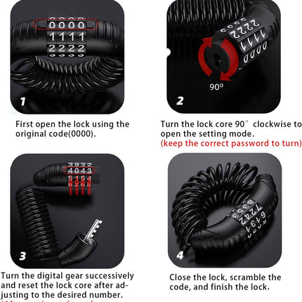 Combination lock - 2 pieces - Black - Motorcycle helmet lock - Theft security - Retractable - Luggage lock - With 4-digit combination - Security lock