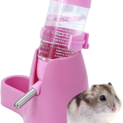 Water bowl for small animals - 3-in-1 hanging water bottle for hamsters - Automatic pet water bowl with stand - Suitable for dwarf hamsters, mice, rats and hedgehogs (80 ml - Pink)