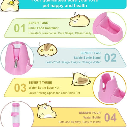 Water bowl for small animals - 3-in-1 hanging water bottle for hamsters - Automatic pet water bowl with stand - Suitable for dwarf hamsters, mice, rats and hedgehogs (80 ml - Pink)