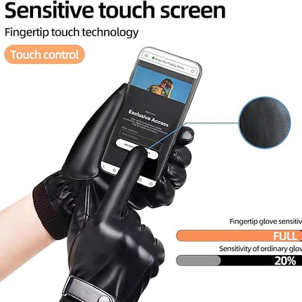 Black winter gloves made of genuine leather - warm and insulated gloves - adjustable size - compatible with touchscreen devices - non-slip palm - cashmere lining - windproof, rainproof and snowproof