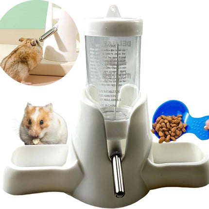 White hamster water bottle with standard, food bowl base, automatic water dispenser, suitable for dwarf hamsters, gerbils and other small animals.