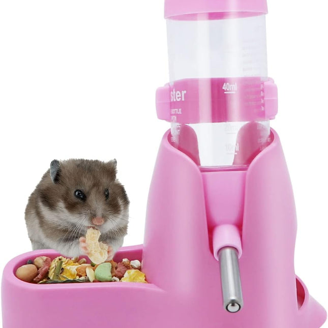 Water bowl for small animals - 3-in-1 hanging water bottle for hamsters - Automatic pet water bowl with stand - Suitable for dwarf hamsters, mice, rats and hedgehogs (80 ml - Pink)