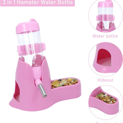 Water bowl for small animals - 3-in-1 hanging water bottle for hamsters - Automatic pet water bowl with stand - Suitable for dwarf hamsters, mice, rats and hedgehogs (80 ml - Pink)