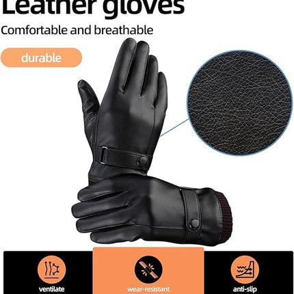 Black winter gloves made of genuine leather - warm and insulated gloves - adjustable size - compatible with touchscreen devices - non-slip palm - cashmere lining - windproof, rainproof and snowproof