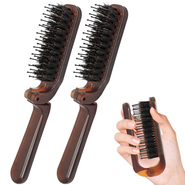 Biaungdo 2 Pack Foldable Hair Brush Boar Bristle Hair Brush for Women & Men Mini Travel V1259-DP01-D-119