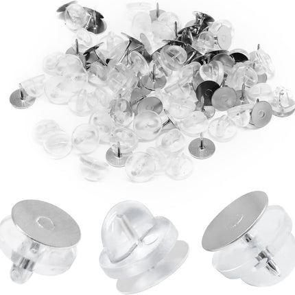 Biaungdo 50 Pcs Rubber Lapel Pin Backs with Lapel Pins, PVC Butterfly Clutch Pin Backings Cap Keepers Tie Tack Pins Backs Holder Replacement for Uniform Badges, Craft Making(Clear)