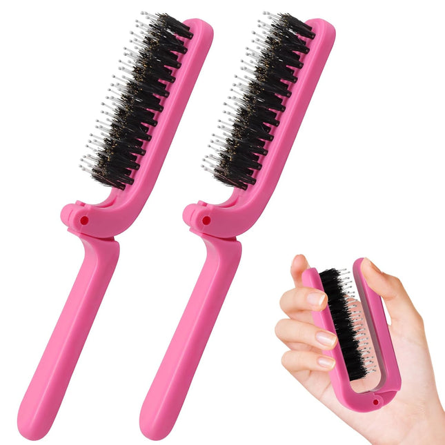 Biaungdo 2 Pack Foldable Hair Brush Boar Bristle Hair Brush for Women & Men Mini Travel (Hot in Pink