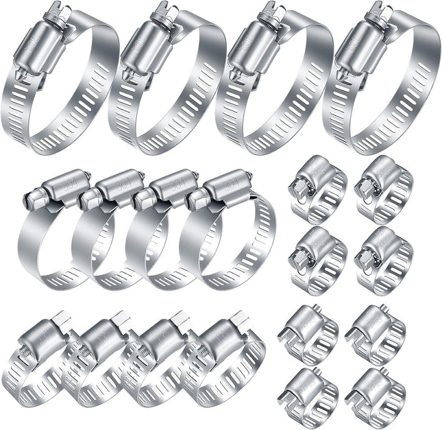 20Pcs Adjustable Stainless Steel Hose Clamps Assortment Kit 1/4-2 in (6-51mm) Worm Gear Pipe