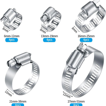 20Pcs Adjustable Stainless Steel Hose Clamps Assortment Kit, 1/4-2 in (6-51mm) Worm Gear Pipe, uel LineHeavy Duty or Plumbing, Washing Machine, Mechanical，Garden and Automotive Hose Connections