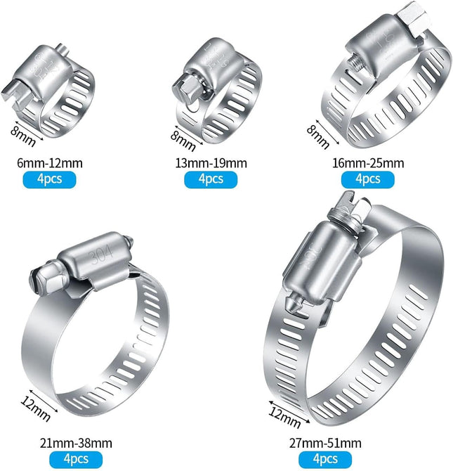20Pcs Adjustable Stainless Steel Hose Clamps Assortment Kit 1/4-2 in (6-51mm) Worm Gear Pipe – product detail