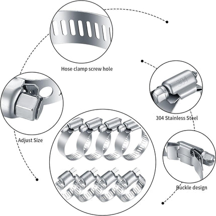 20Pcs Adjustable Stainless Steel Hose Clamps Assortment Kit, 1/4-2 in (6-51mm) Worm Gear Pipe, uel LineHeavy Duty or Plumbing, Washing Machine, Mechanical，Garden and Automotive Hose Connections