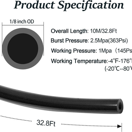 Biaungdo 1/8" OD Pneumatic Tubing Pipe, Black PU Air Brake Hose Line for Air Compressor Fitting, Water Fluid Transfer (10 Meter/32.8ft)