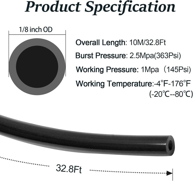 Biaungdo 1/8 OD Pneumatic Tubing Pipe Black PU Air Brake Hose Line for Air Compressor Fitting Water Fluid – product detail