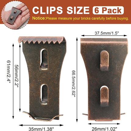 Biaungdo 6 Pcs Brick Wall Clips, Steel Brick Hook Clips, Heavy Duty Brick Hanger for Hanging Outdoors, Metal Brick Wall Hangers Outside Home Decor for 2-1/4 to 2-3/8 inches Bricks(Red Bronze)