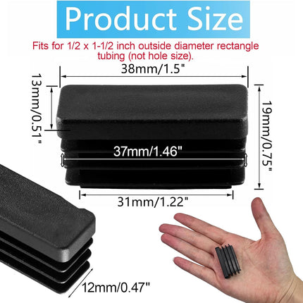 Biaungdo 24 Pack Rectangle Plastic Chair Leg Caps, 1/2" x 1-1/2" Tubing Glide End Insert Plug Cap Cove, Flexible Chair Leg Floor Protectors for Chair, Desk, Tube (Black)
