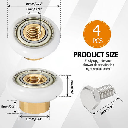 Biaungdo 4 Sets Shower Door Rollers, 19 mm Shower Door Rollers Runners Wheels Replacement Part, Bathroom Glass Door Roller Wheel Sliding Shower Door Runner