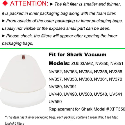 Dttery 3 Foam & Felt Filters Kit Replacement for Shark Navigator Lift-Away Vacuum NV350, NV351, NV352, NV355, NV356, NV356E, NV357, NV360, NV370, NV391, UV440, UV490, UV540 Part XFF350