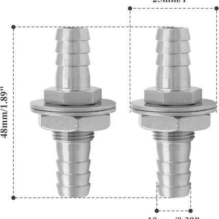 Biaungdo 2 Pcs 3/8" Hose Barb, 304 Stainless Steel Hose Barb Fitting Thru-Bulk Head Straight Hex Union Fitting for Air Water Fuel
