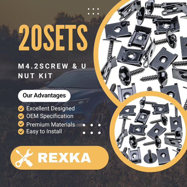 Rexka 20 Sets M4.2 Universal Fender Liner Engine Splash Shield Hex Head Screw & U Nut Kit for GM Chevy – product detail