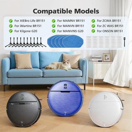 Replacement Parts or XIEBro Lie BR151, or ZCWA BR151, or MANVN BR151, or Kilgone G20, or MAMNV BR151, or MANVINS G20, or ZC WAS BR151, or iMartine BR151, 6 ilters, 5 Mop Pads, 10 Side Brush