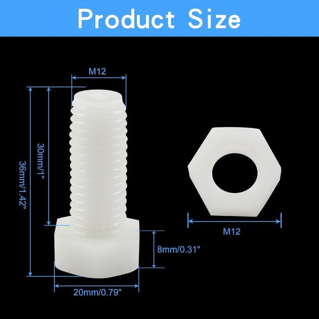 Biaungdo 20 Pair M12 x 30mm Nylon Hex Bolts White Plastic Hex Bolts Full Thread Hex Head Screws and Nuts – product detail