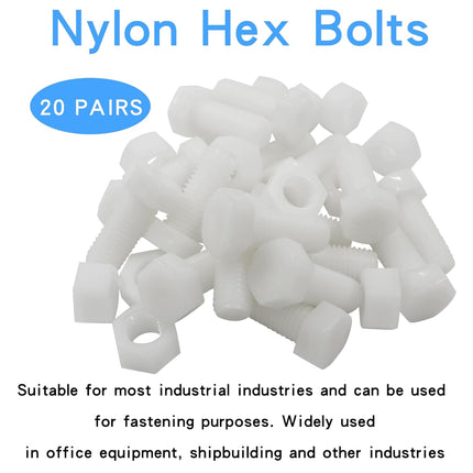 Biaungdo 20 Pair M12 x 30mm Nylon Hex Bolts, White Plastic Hex Bolts Full Thread Hex Head Screws and Nuts Set