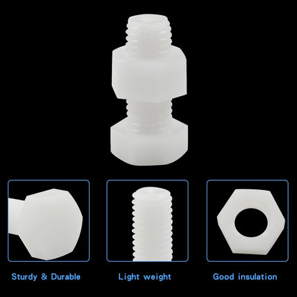 Biaungdo 20 Pair M12 x 30mm Nylon Hex Bolts, White Plastic Hex Bolts Full Thread Hex Head Screws and Nuts Set