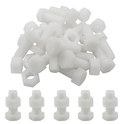 Biaungdo 20 Pair M12 x 30mm Nylon Hex Bolts, White Plastic Hex Bolts Full Thread Hex Head Screws and Nuts Set