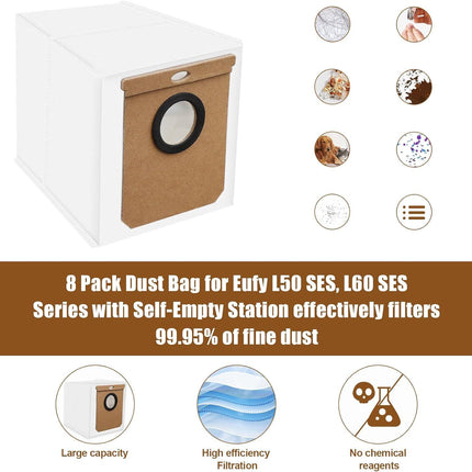 8 Pack Dust Bag or Euy L50 SES, L60 SES Series Robot Vacuum Cleaner with Sel-Empty Station,Replacement Parts Bags or Conga Home 10000, 8090 Ultra, 9090 AI, or Haier H9 + Dirt Disposal Bags