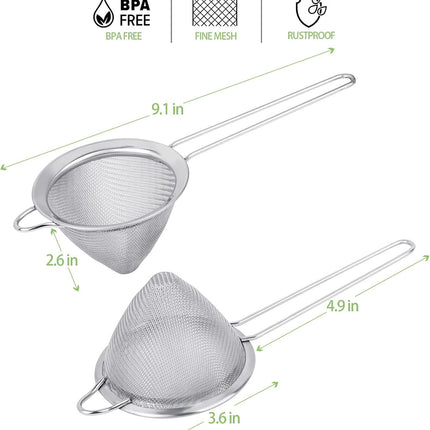 2 Pack Stainless Steel 18/8 Small ood Strainer, ine Mesh Sieve with Long Handle, Cocktail Strainer or Cocktails, Tea Herbs, Coee & Drinks, Rust Proo & Great as Tea Strainer, 3.5inch