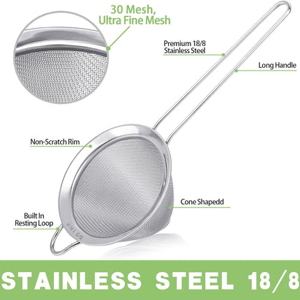 2 Pack Stainless Steel 18/8 Small ood Strainer, ine Mesh Sieve with Long Handle, Cocktail Strainer or Cocktails, Tea Herbs, Coee & Drinks, Rust Proo & Great as Tea Strainer, 3.5inch