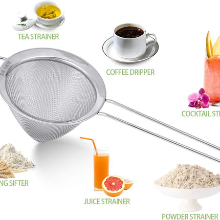 2 Pack Stainless Steel 18/8 Small ood Strainer, ine Mesh Sieve with Long Handle, Cocktail Strainer or Cocktails, Tea Herbs, Coee & Drinks, Rust Proo & Great as Tea Strainer, 3.5inch
