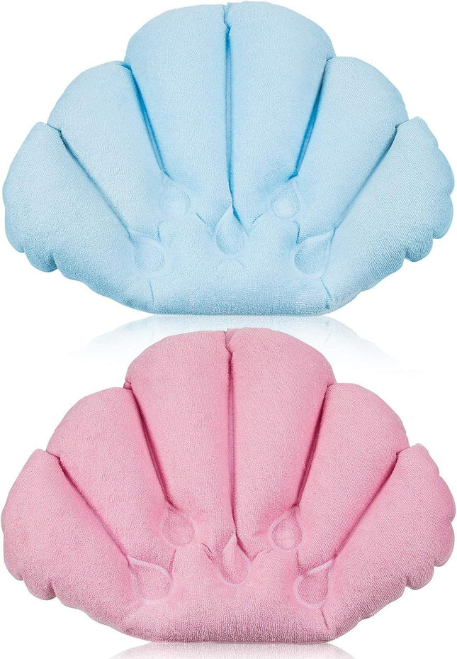 2 Pieces Inlatable Bath Pillow with Suction Cups Terry Cloth Covered Bath Pillow Shell Shape
