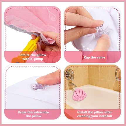 2 Pieces Inlatable Bath Pillow with Suction Cups, Terry Cloth Covered Bath Pillow Shell Shape Bathtub Spa Pillow Comortable Sot Bath Cushion, Neck Support or Bathtub, Hot Tub, Home Spa Tub
