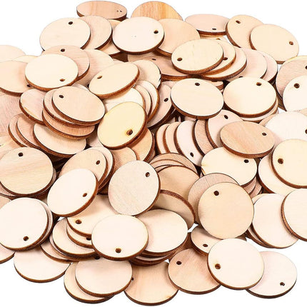 200 Pieces Uninished Blank Wood Circle Pendants Round Disc Circle Wood Pieces Round Wooden Disk with Hole Small Wooden Pendant or Crat Decoration Embellishment (Diameter 1 Inch, Aperture 0.08 Inch)