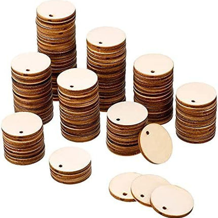 200 Pieces Uninished Blank Wood Circle Pendants Round Disc Circle Wood Pieces Round Wooden Disk with Hole Small Wooden Pendant or Crat Decoration Embellishment (Diameter 1 Inch, Aperture 0.08 Inch)