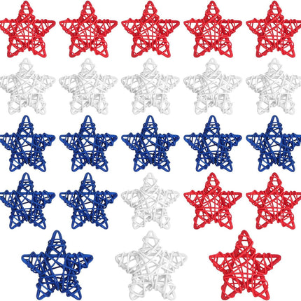 24 Pcs 4th o July Natural Rattan Stars Decoration 250th Anniversary Memorial Day Patriotic Red White Blue Wicker Rattan Stars or Vase Bowl iller Home DIY Crat Ornament Hanging Table Decor