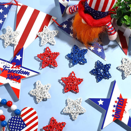 24 Pcs 4th o July Natural Rattan Stars Decoration 250th Anniversary Memorial Day Patriotic Red White Blue Wicker Rattan Stars or Vase Bowl iller Home DIY Crat Ornament Hanging Table Decor