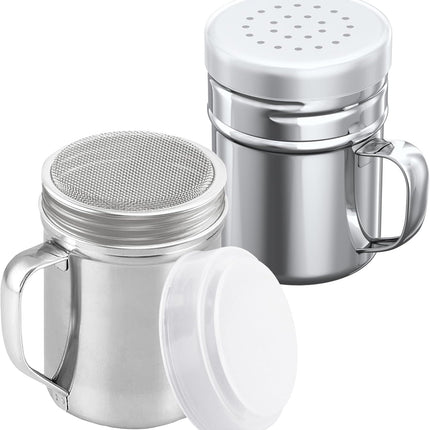 6 oz Powdered Sugar Shaker Duster + 6 oz Stainless Steel Salt Pepper Dredge Shaker - All with Plastic Caps and Handles Bundle