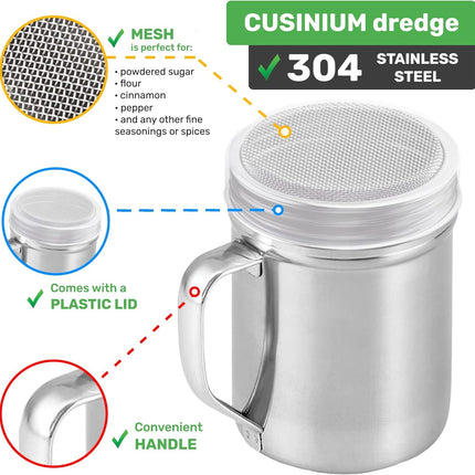 6 oz Powdered Sugar Shaker Duster + 6 oz Stainless Steel Salt Pepper Dredge Shaker - All with Plastic Caps and Handles Bundle