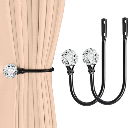 2 x Heavy Duty U Shaped Metal Curtain Holdbacks Curtain Tiebacks with Clear Crystal Ball Pull Backs Curtain Holders or Drapes (Black)