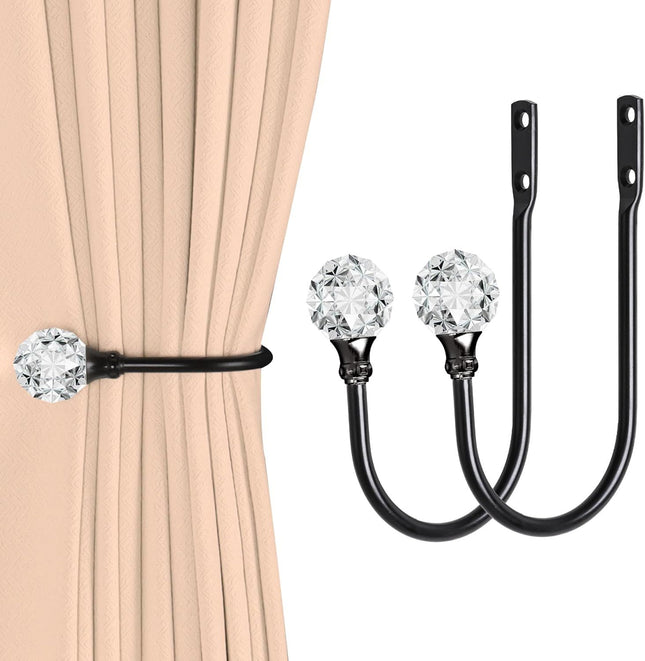 2 x Heavy Duty U Shaped Metal Curtain Holdbacks Curtain Tiebacks with Clear Crystal Ball Pull Backs Curtain