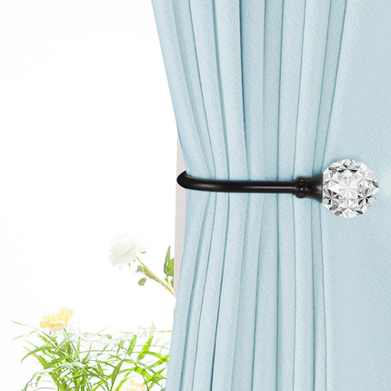 2 x Heavy Duty U Shaped Metal Curtain Holdbacks Curtain Tiebacks with Clear Crystal Ball Pull Backs Curtain Holders or Drapes (Black)