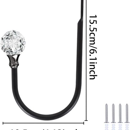 2 x Heavy Duty U Shaped Metal Curtain Holdbacks Curtain Tiebacks with Clear Crystal Ball Pull Backs Curtain Holders or Drapes (Black)