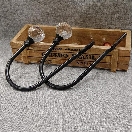 2 x Heavy Duty U Shaped Metal Curtain Holdbacks Curtain Tiebacks with Clear Crystal Ball Pull Backs Curtain Holders or Drapes (Black)