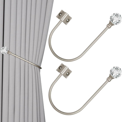 Upgraded Curtain Tiebacks Set o 2 - Wall Mounted Heavy Duty Adjustable Curtain Holdbacks or Heavy Curtains,U-Shaped Curtain Pull Backs with 180°lexible Angle (2, Silver with Crystal Ball)