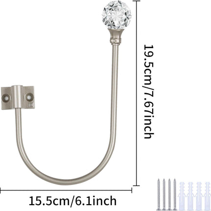 Upgraded Curtain Tiebacks Set o 2 - Wall Mounted Heavy Duty Adjustable Curtain Holdbacks or Heavy Curtains,U-Shaped Curtain Pull Backs with 180°lexible Angle (2, Silver with Crystal Ball)