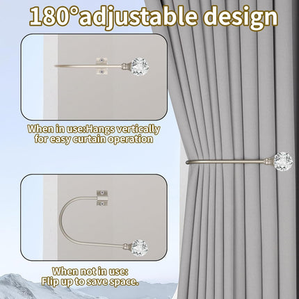 Upgraded Curtain Tiebacks Set o 2 - Wall Mounted Heavy Duty Adjustable Curtain Holdbacks or Heavy Curtains,U-Shaped Curtain Pull Backs with 180°lexible Angle (2, Silver with Crystal Ball)