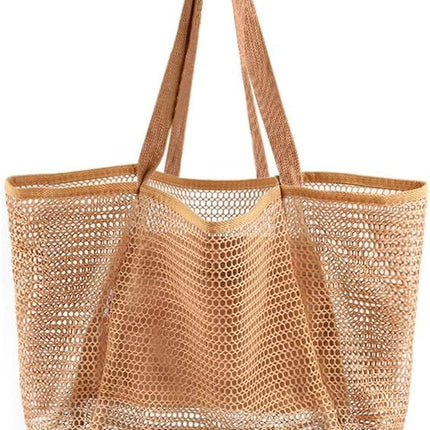 Beach Bags or Women, Summer Travel Mesh Tote Bag with Large Inner Pocket, Sandproo Woven Shoulder Handbag