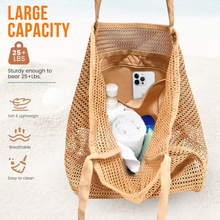 Beach Bags or Women, Summer Travel Mesh Tote Bag with Large Inner Pocket, Sandproo Woven Shoulder Handbag